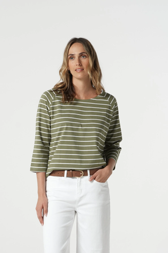 Goondiwindi Cotton - 3/4 Sleeve Cotton Stripe Tee - White/ Sage colour front shot