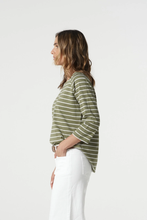Load image into Gallery viewer, Goondiwindi Cotton - 3/4 Sleeve Cotton Stripe Tee - White/ Sage colour side shot
