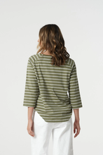 Load image into Gallery viewer, Goondiwindi Cotton - 3/4 Sleeve Cotton Stripe Tee - White/ Sage colour back shot
