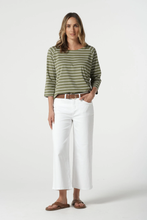 Load image into Gallery viewer, Goondiwindi Cotton - 3/4 Sleeve Cotton Stripe Tee - White/ Sage colour front shot
