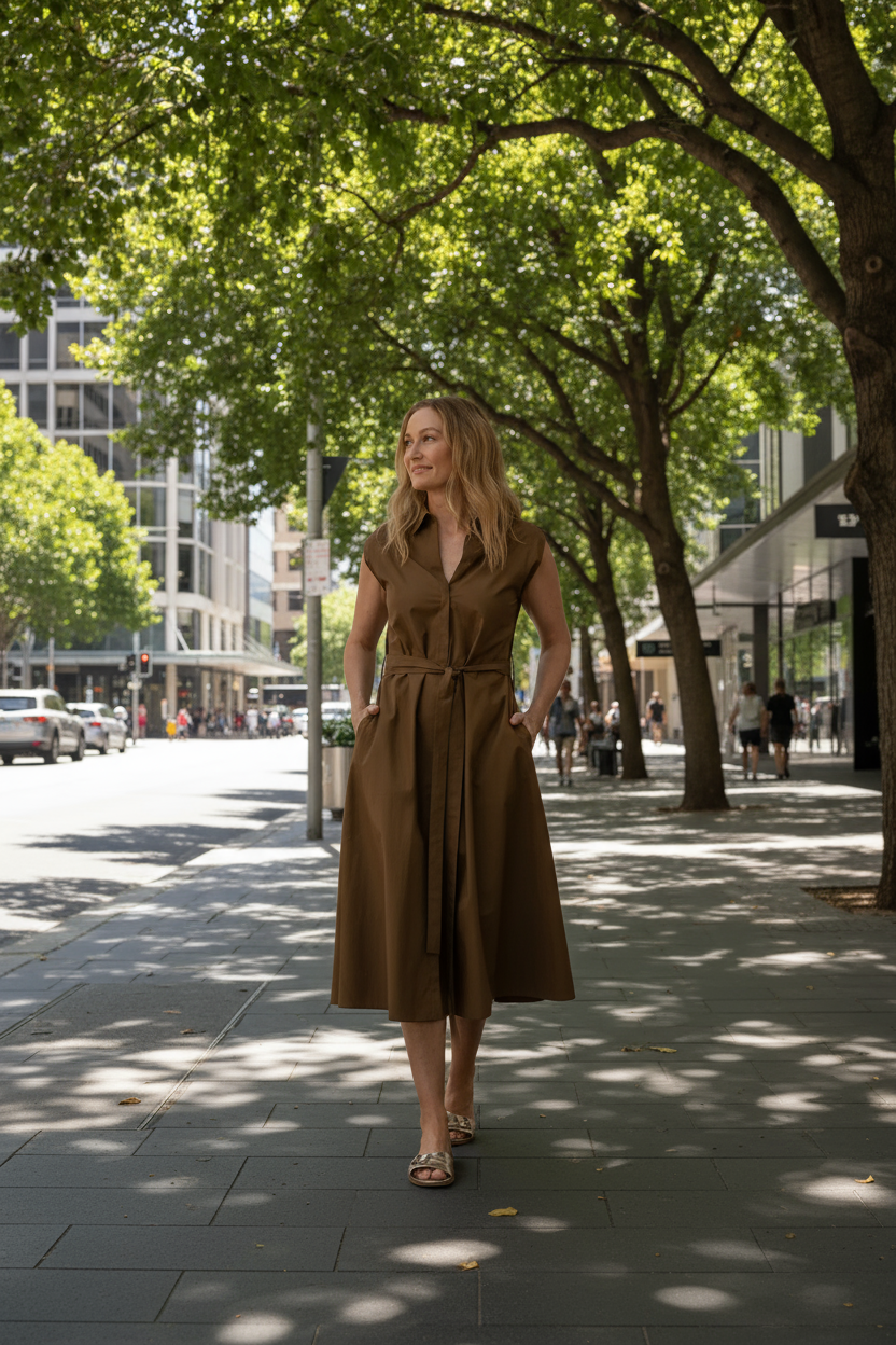 Goondiwindi Cotton - A Line Sleeveless Shirt Dress - Otter olour front shot