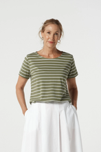Load image into Gallery viewer, Goondiwindi Cotton - Cotton Crew Neck Striped Tee - White/ Sage colour front shot
