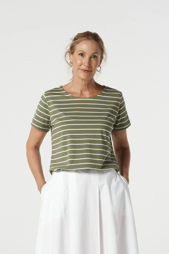 Goondiwindi Cotton - Cotton Crew Neck Striped Tee - White/ Sage colour front shot