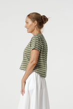 Load image into Gallery viewer, Goondiwindi Cotton - Cotton Crew Neck Striped Tee - White/ Sage colour side shot
