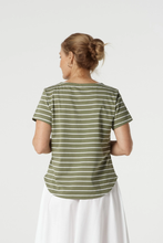 Load image into Gallery viewer, Goondiwindi Cotton - Cotton Crew Neck Striped Tee - White/ Sage colour back shot
