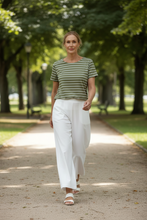 Load image into Gallery viewer, Goondiwindi Cotton - Cotton Crew Neck Striped Tee - White/ Sage colour front shot
