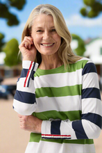 Load image into Gallery viewer, Goondiwindi Cotton - Cotton Long Sleeve Tee With Button Sleeve - White/ Leaf Green colour front shot
