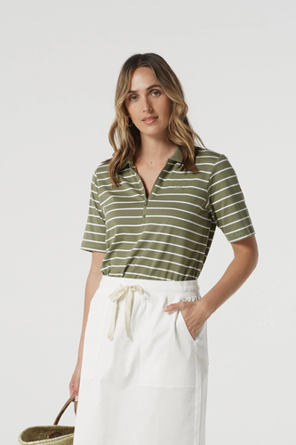 Goondiwindi Cotton - Cotton Stripe Zip Neck Polo - White/ Sage colour front shot