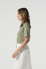 Load image into Gallery viewer, Goondiwindi Cotton - Cotton Stripe Zip Neck Polo - White/ Sage colour side shot
