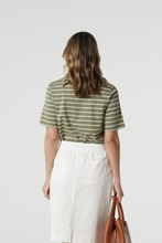 Load image into Gallery viewer, Goondiwindi Cotton - Cotton Stripe Zip Neck Polo - White/ Sage colour back shot
