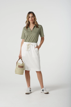 Load image into Gallery viewer, Goondiwindi Cotton - Cotton Stripe Zip Neck Polo - White/ Sage colour front shot
