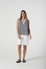 Load image into Gallery viewer, Goondiwindi Cotton - Cotton Striped Sleeveless Polo - White/Navy colour front shot
