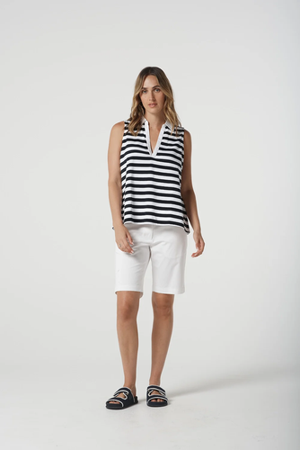 Goondiwindi Cotton - Cotton Striped Sleeveless Polo - White/Navy colour front shot