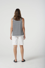 Load image into Gallery viewer, Goondiwindi Cotton - Cotton Striped Sleeveless Polo - White/Navy colour back  shot

