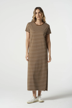Load image into Gallery viewer, Goondiwindi Cotton - Cotton Striped Tee Dress - White/ Otter colour front shot
