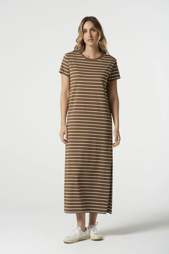 Goondiwindi Cotton - Cotton Striped Tee Dress - White/ Otter colour front shot