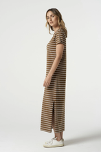 Load image into Gallery viewer, Goondiwindi Cotton - Cotton Striped Tee Dress - White/ Otter colour side shot
