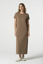Load image into Gallery viewer, Goondiwindi Cotton - Cotton Striped Tee Dress - White/ Otter colour front shot

