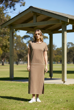 Load image into Gallery viewer, Goondiwindi Cotton - Cotton Striped Tee Dress - White/ Otter colour front shot
