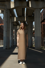 Load image into Gallery viewer, Goondiwindi Cotton - Cotton Striped Tee Dress - White/ Otter colour front shot
