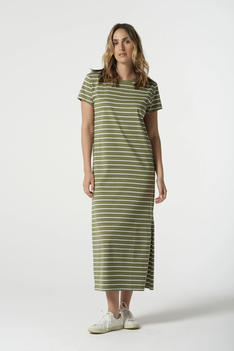 Goondiwindi Cotton - Cotton Striped Tee Dress - White/ Sage colour front shot