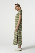 Load image into Gallery viewer, Goondiwindi Cotton - Cotton Striped Tee Dress - White/ Sage colour side shot
