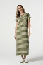 Load image into Gallery viewer, Goondiwindi Cotton - Cotton Striped Tee Dress - White/ Sage colour front shot
