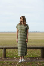 Load image into Gallery viewer, Goondiwindi Cotton - Cotton Striped Tee Dress - White/ Sage colour front shot
