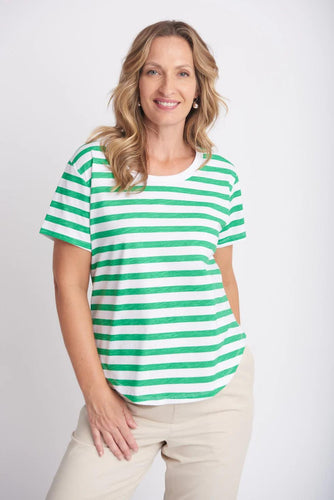 Goondiwindi Cotton - Crew Neck Striped Tee in Kelly Green/White colour front shot