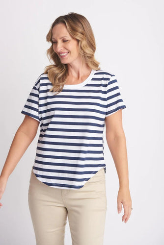 Goondiwindi Cotton - Crew Neck Striped Tee in Navy/White colour front shot