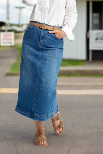 Goondiwindi Cotton - Denim Straight Skirt With Back Split - Light Blue colour front shot