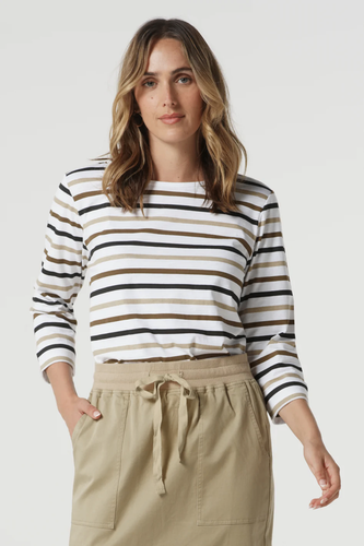 Goondiwindi Cotton - Multi Stripe Cotton Tee - Otter colour front shot