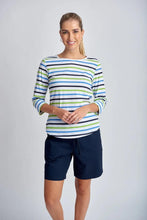 Load image into Gallery viewer, Goondiwindi Cotton - Multi Stripe Raglan Tee in Kelly Green Combo colour front shot
