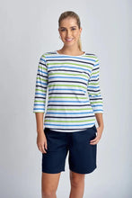 Load image into Gallery viewer, Goondiwindi Cotton - Multi Stripe Raglan Tee in Kelly Green Combo colour front shot
