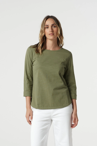 Goondiwindi Cotton - Pima Cotton Crew Neck 3/4 Sleeve Tee - Sage Green colour front shot