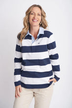 Load image into Gallery viewer, Goondiwindi Cotton - Relaxed Stripe Polo in Navy/White colour front shot
