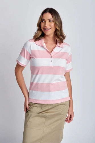 Goondiwindi Cotton - Stripe Polo in Tickle Pink/White colour front shot