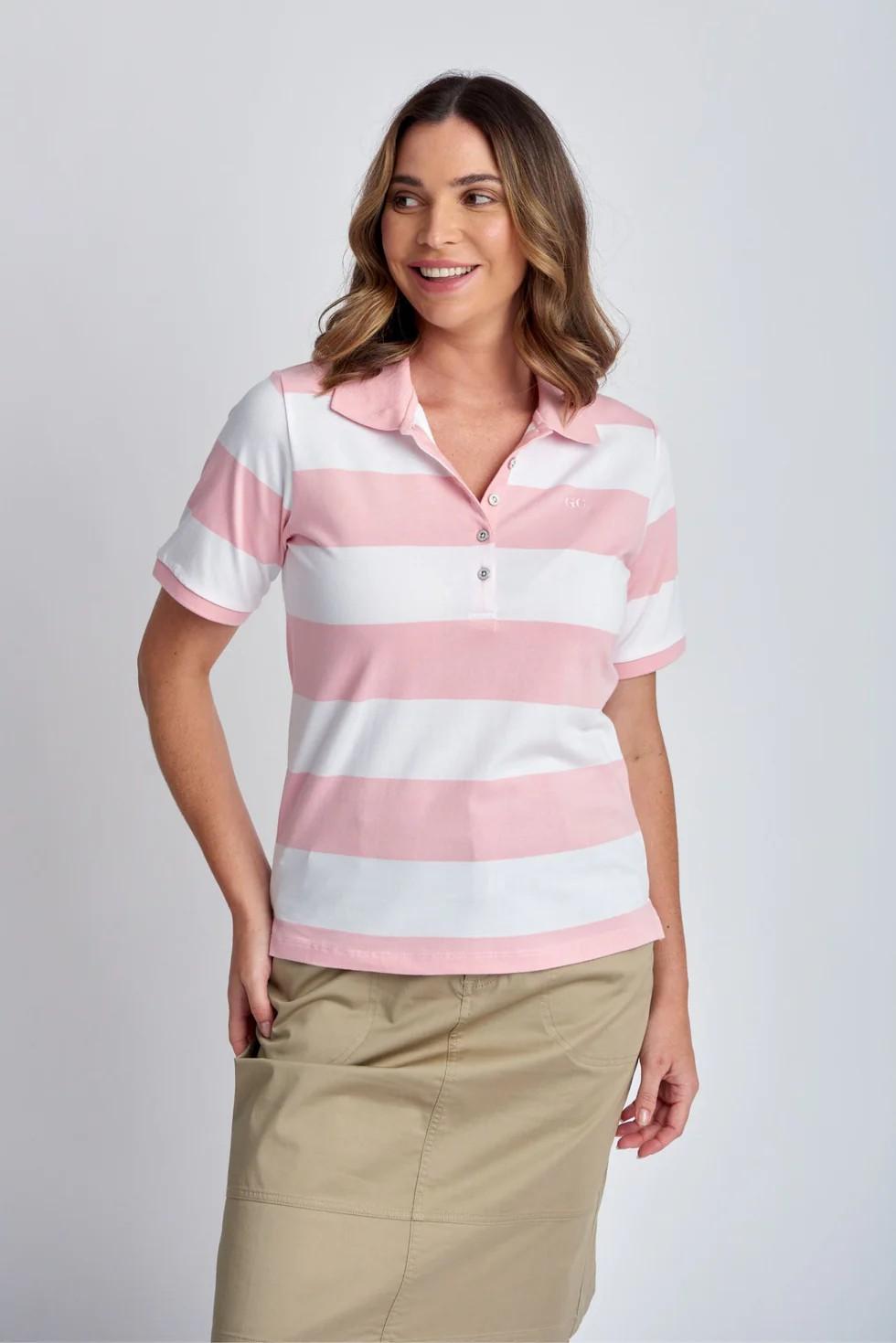 Goondiwindi Cotton - Stripe Polo in Tickle Pink/White colour front shot