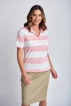 Load image into Gallery viewer, Goondiwindi Cotton - Stripe Polo in Tickle Pink/White colour front shot
