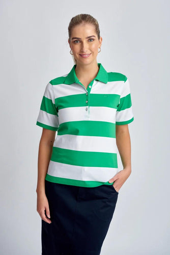 Goondiwindi Cotton - Striped Polo in Kelly Green/White colour front shot