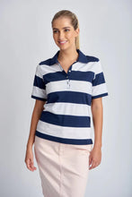 Load image into Gallery viewer, Goondiwindi Cotton - Stripe Polo in Navy/White colour front shot
