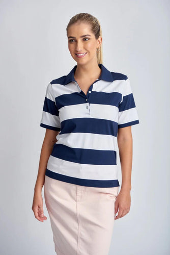 Goondiwindi Cotton - Stripe Polo in Navy/White colour front shot