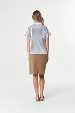 Load image into Gallery viewer, Goondiwindi Cotton - Sun Haze Stripe Polo - White/ Dark Navy colour back shot
