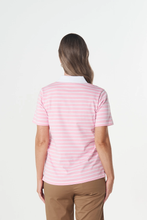 Load image into Gallery viewer, Goondiwindi Cotton - Sun Haze Stripe Polo - White/ Fairytail colour back shot
