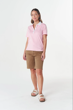 Load image into Gallery viewer, Goondiwindi Cotton - Sun Haze Stripe Polo - White/ Fairytail colour front shot

