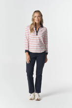Load image into Gallery viewer, Goondiwindi Cotton - Travel Cotton Jersey Polo - White/ Poinsettia colour front shot

