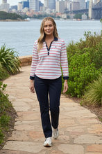 Load image into Gallery viewer, Goondiwindi Cotton - Travel Cotton Jersey Polo - White/ Poinsettia colour front shot
