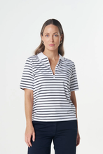 Load image into Gallery viewer, Goondiwindi Cotton - Zip Stripe Polo - White/ Dark Navy colour front shot
