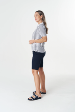 Load image into Gallery viewer, Goondiwindi Cotton - Zip Stripe Polo - White/ Dark Navy colour side shot
