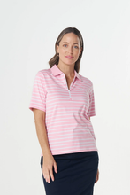 Load image into Gallery viewer, Goondiwindi Cotton - Zip Stripe Polo - White/ Fairytail colour front shot
